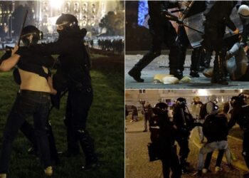 FOTO/ Pamje të reagimit brutal të policisë ndaj protestuesve në Beograd, Vuçiç shfaqet duke ngrënë mollë