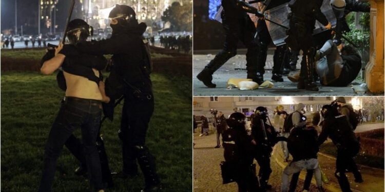 FOTO/ Pamje të reagimit brutal të policisë ndaj protestuesve në Beograd, Vuçiç shfaqet duke ngrënë mollë