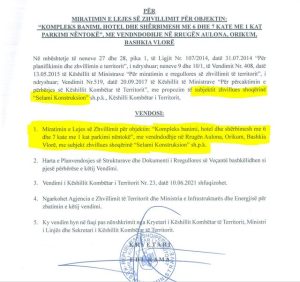 Faksimile: Leja e KKTU-së e vitit 2024 për ndërtimin e një kompleksi pallatesh në Orikum, dhënë firmës Selami
