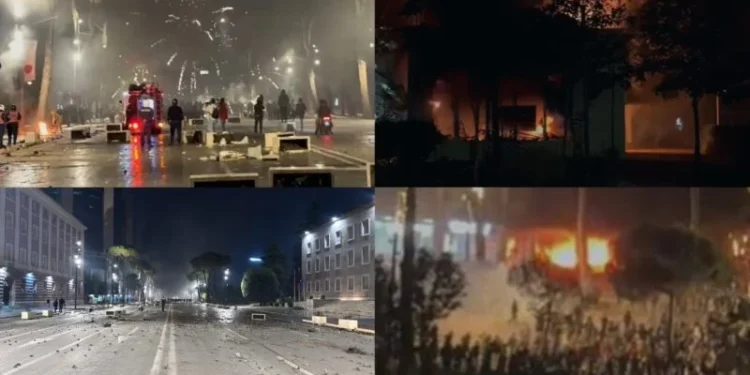 Një pjesë e protestuesve zhvendosen te “Zogu i Zi”, ndizet zjarr në mes rrugës